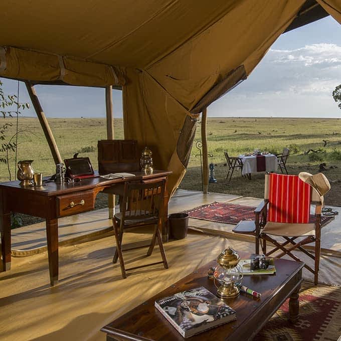 Interior of a tented lodge at Elephant Pepper Camp in Mara North Conservancy