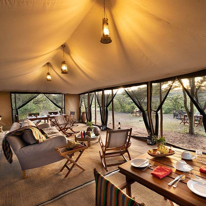 The lounge and dining area at Basecamp Wilderness in the Masai Mara