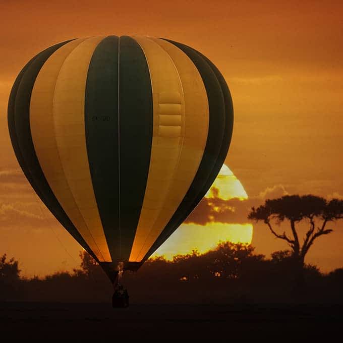 Masai Mara balloon safari flight at sunset